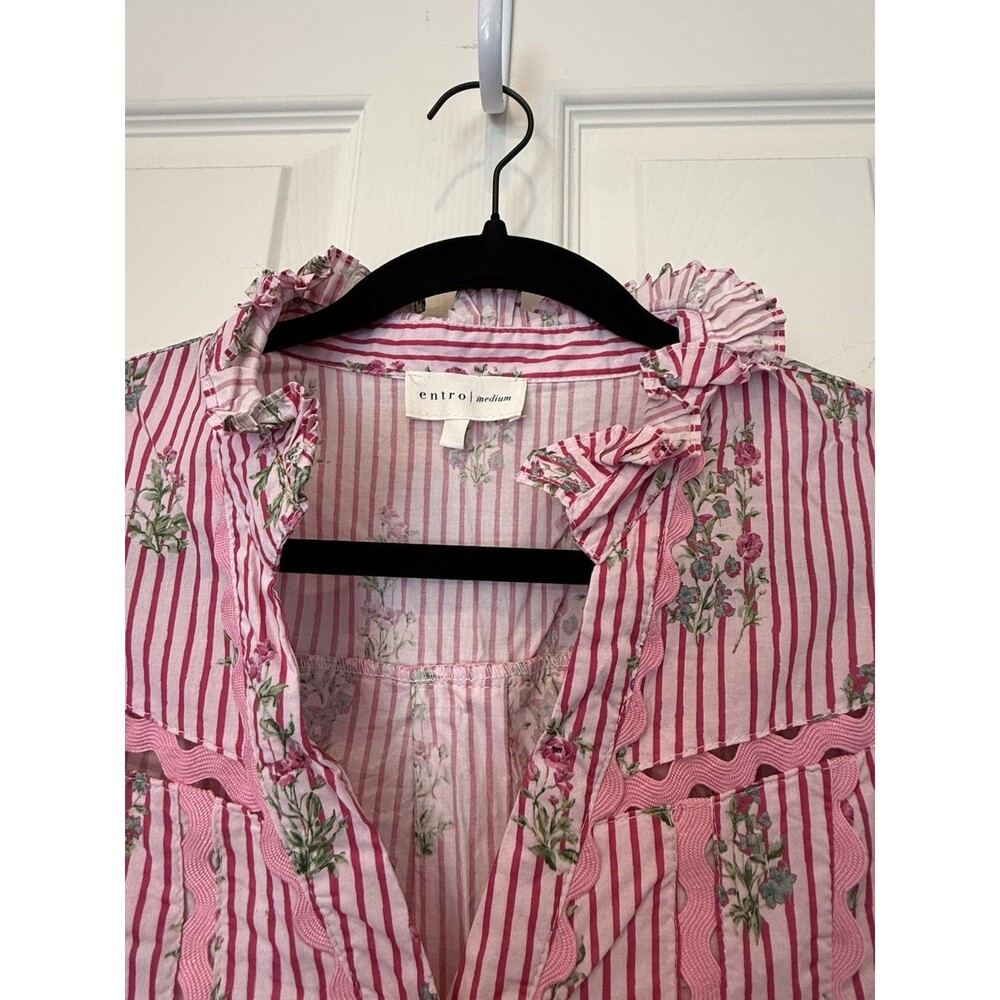 Entro Medium Pink Floral Stripe Cotton Ruffle Bell Sleeve Blouse Top EUC - Picture 7 of 11